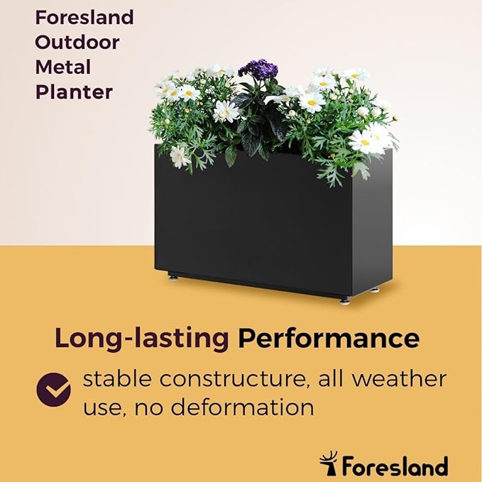 Outdoor Metal Planter Box 26Wx10Dx16H, Large Rectangular Trough Planters, Easy 5-Min Assembly, Modern Plant Container with Drainage Holes, Heavy Duty, Weather Resistant, Black Foresland-MetalPlanter