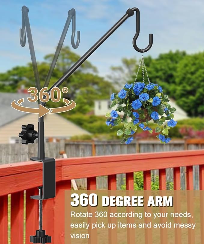 20 Inch Extended Reach Deck Hook Hanger for Railing, Heavy Duty Outdoor Plant Hook Holder for Hanging Bird Feeder Pole Deck Hanger Flower Basket Planter or Lanterns, Wind Chimes, 2 Pack Tuohours