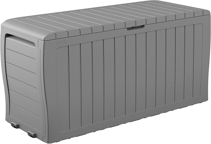 Keter Marvel Plus 71 Gallon Resin Outdoor Storage Box for Patio, Balcony & Garden – Weather‑Resistant Deck Box for Cushions, Pillows, Pool Floats & Tools, Light Grey Keter