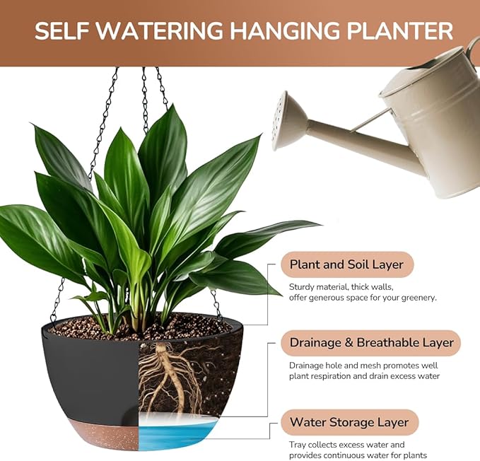 Set of 2-12 Inch Hanging Planter, Self-Watering Hanging Planters for Indoor Plants & Outdoor, Plant Hanger Indoor, Hanging Plant Pot with Drainage (Black) LesOasis