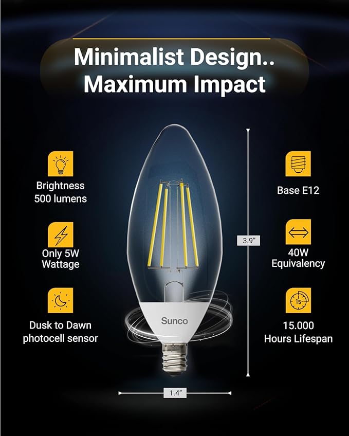 Sunco 6 Pack Dusk to Dawn LED Outdoor Light Bulb B11, Edison Filament Candelabra Bulbs for Porch Lighting, 500 LM, 5W (40W Equivalent), 3000K Warm White, E12 Base, Photocell Sensor UL SuncoLighting