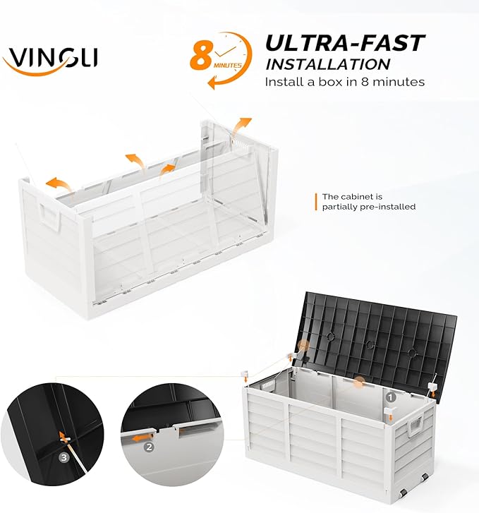 VINGLI 75 Gallon Collapsible Outdoor Storage Box, Simple-to-assemble Plastic Storage Containers with Lid, Patio Deck Box Furniture for Garden, Pool, Balcony, Yard (White) VINGLI