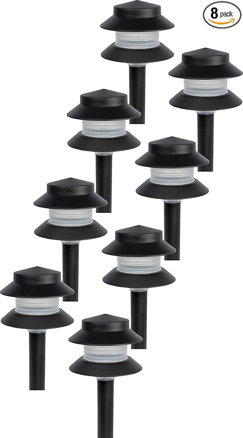 GreenLighting Paradise Low Voltage Landscape Pathway Lights - 2 Tier Outdoor Garden Lights - Easy, Simple Installation - Walkway, Lawn, Landscape Lighting (Black, 8 Pack) GREENLIGHTING