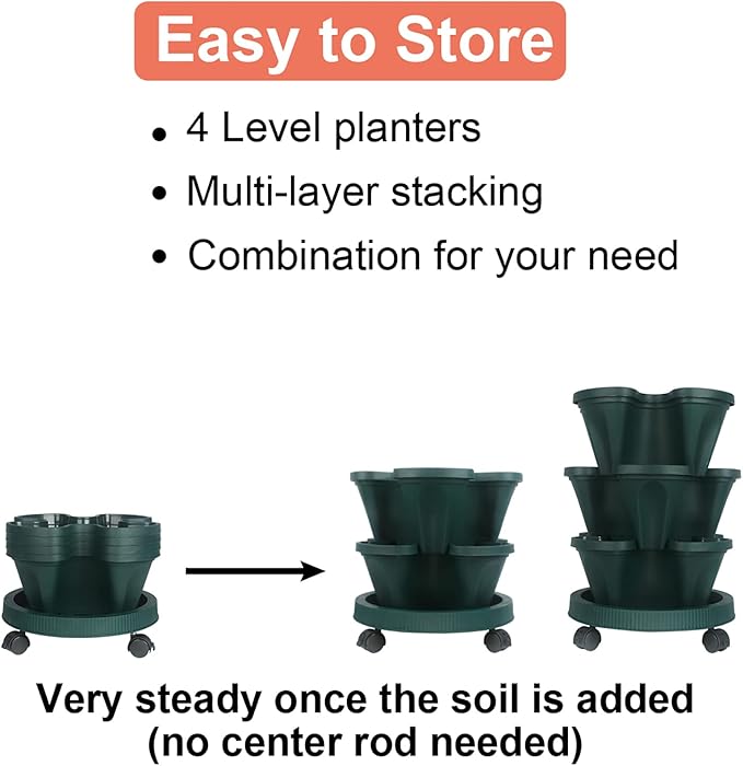 DUNCHATY Stackable Planter, Vertical Garden Planter with Wheels and Tools, Self Watering Strawberry Planter Indoor/Outdoor 4 Tier Herb Planter Pots for Growing Vegetables and Succulents,Pine Green DUNCHATY
