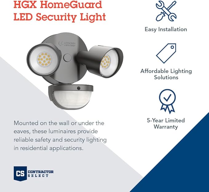 Lithonia Lighting HomeGuard 2-Light LED Outdoor Flood Lights, Motion Sensor Outdoor Lights with Dusk to Dawn, 4000K Cool White, Round Heads, Dark Bronze (HGX LED 2RH 40K 120 MO DDB M2) AcuityBrands