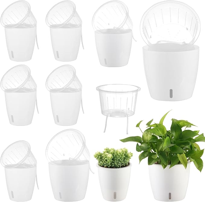 Self-Watering Pots for Indoor Plants, 8-Pack Self Watering Planter with Drainage Holes, Small African Violet Pots with Water Indicator, 5 Packs 5''/3 Pack 6.7'' Orchid Pot, White KvyusFlourish