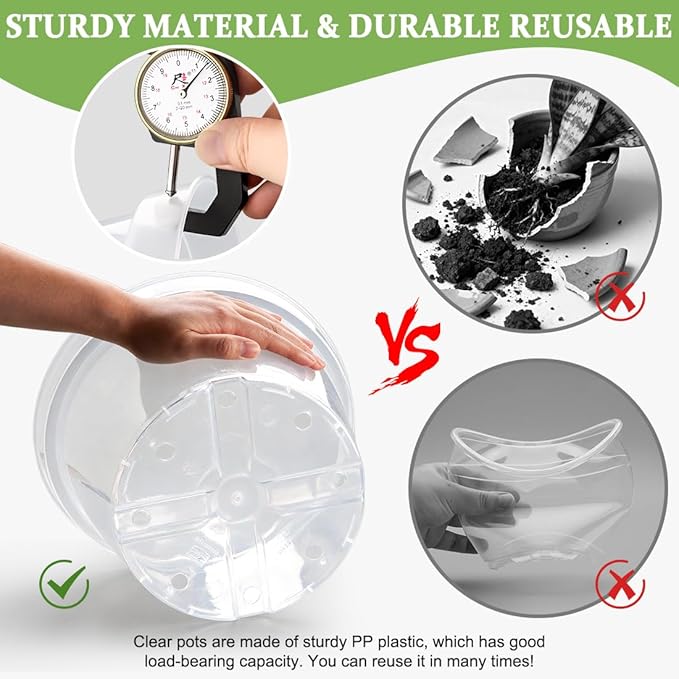 10 Pack 10 Inch Clear Nursery Pots with Saucers, Transparent Sturdy Plastic Plant Pots, Large Gardening Pots with Drainage Hole, Planting Starter Pot for Indoor Outdoor Flowers Herbs Vegetables RooTrimmer