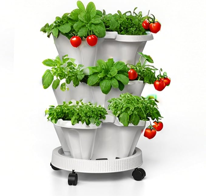 Strawberry Planters, 3 Tiered Vertical Stackable Planter, Herb Stacking Tower Garden, Flower Vegetable Planters with Support Pole, Indoor & Outdoor with Removable Wheels - White Lykvrii