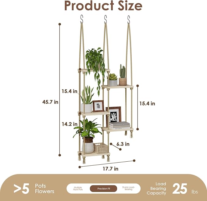 Bamworld Hanging Shelves Plant Hanger Indoor Window Plant Shelves Wood Plant Wall Shelf Window Sill Plant Shelf Indoor Hanging Plant Stand Living Room Decor Garden Boho Decor Bamworld