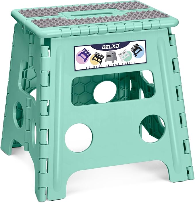 Delxo Folding Step Stool 13 Inch Non-Slip Foldable Stools for Kids & Adults Up to 300 LBS Kitchen Collapsible Fold Up Stepping Stool with Dotted 1 Pack Green Delxo