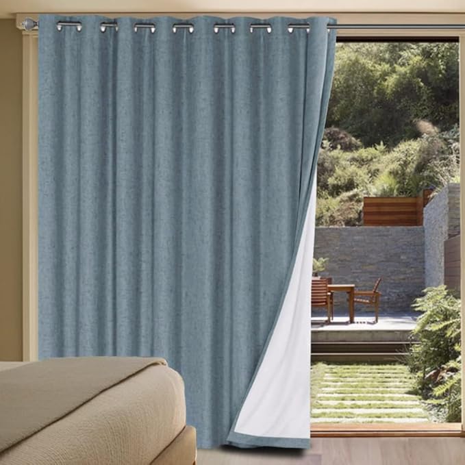 H.VERSAILTEX Linen Blackout Curtains Durable Thick Textured Linen Look 100% Blackout Patio Door Curtain Anti Rust Grommet Extra Wide Sliding Door Curtain Panel, W100 x L84 inch - Stone Blue HVERSAILTEX