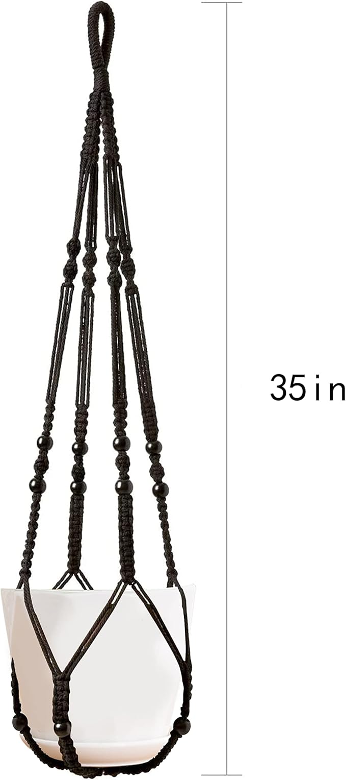 Macrame Plant Hanger Indoor Hanging with Wood Beads Macrame Planters No Tassel for Indoor Outdoor Boho Home Decor 35 Inch (Black,1pc) BlueMake