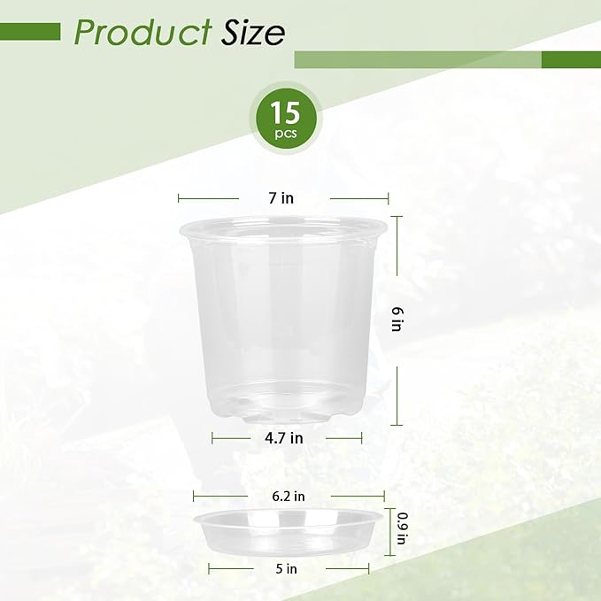 7 Inch Clear Nursery Pots for Plants with Sacuers 15 Pack, Plastic Flower Pots with Drainage Holes, Variety Pack Seedlings Garden Pot for Indoor Outdoor (7 inch) FUIJOL