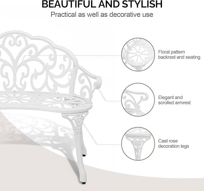 VINGLI 38.5" Patio Park Garden Outdoor Metal Rose Bench, 2-Person Cast Iron Cast Aluminium Frame Antique Finish Chair,Accented Lawn Front Porch Path Yard Decor Deck Furniture (White, Butterfly) VINGLI