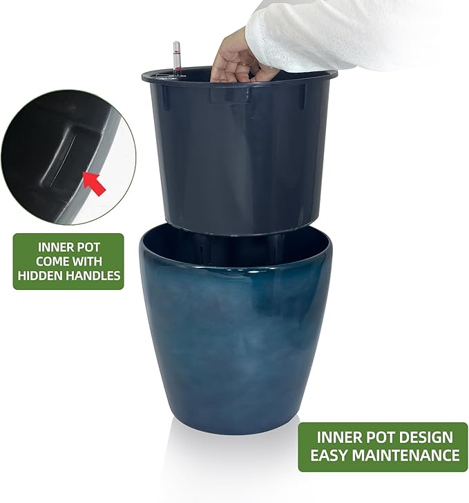 Dexceder 18x17 Self Watering Planter with Wheels Indoor Outdoor, Inner Pot Design, Thickened Large Floor Standing Flower Plant Pot with Water Level Indicator (Grayish Green Gradient) Dexceder