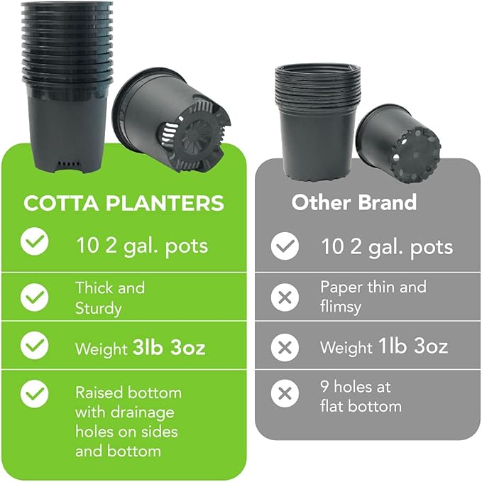 Cotta Planters 2 Gallon Black Nursery Pot Plastic 6-Pack Planter Pots Pot Liners for Outdoor Indoor Plants Gardening Flower Pots with Drainage Holes CottaPlanters