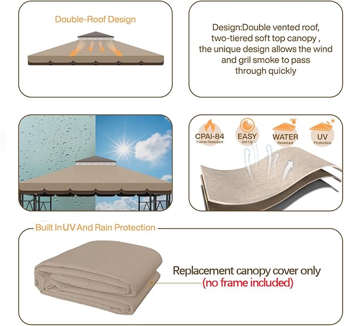 10x10 Canopy Replacement Top Double Tiered Gazebo Cover for Yard, Patio & Garden Durable Sunshade Replacement (Coffee Liqueur+Brown with lace) Rootora