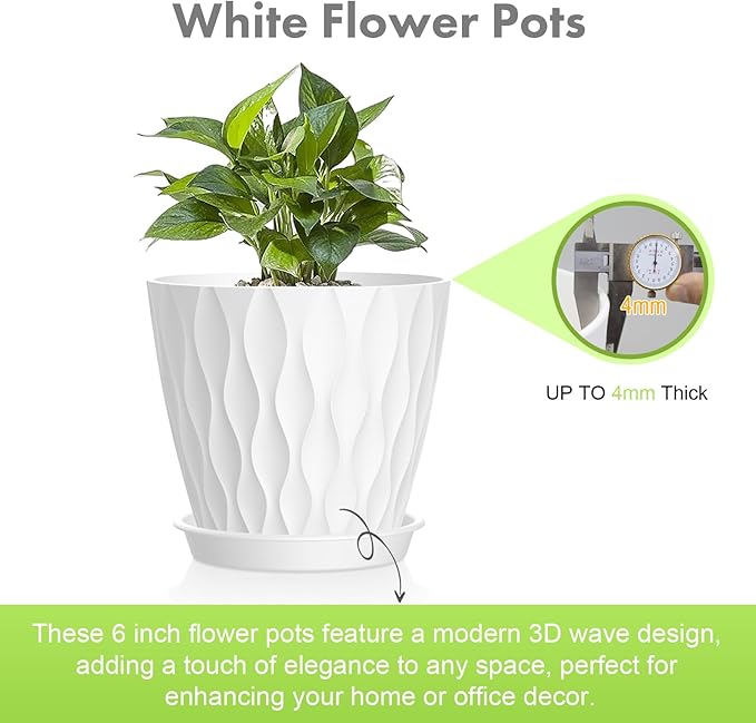 6 inch Flower Pots, 5 Pack Plant Pots for Indoor Outdoor Plants, Water Ripples Plastic Planters with Drainage Holes and Saucers, Nursery Pots for Small Succulent Garden House Plants, White Meowell