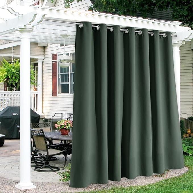 RYB HOME Extra Wide Outdoor Curtains for Patio Waterproof Heavy Duty Thermal Insulated in Summer Full Coverage Privacy for Gazebo, Cabana & Pergola, W100 x L90, Dark Green, 1 Panel RYBHOME