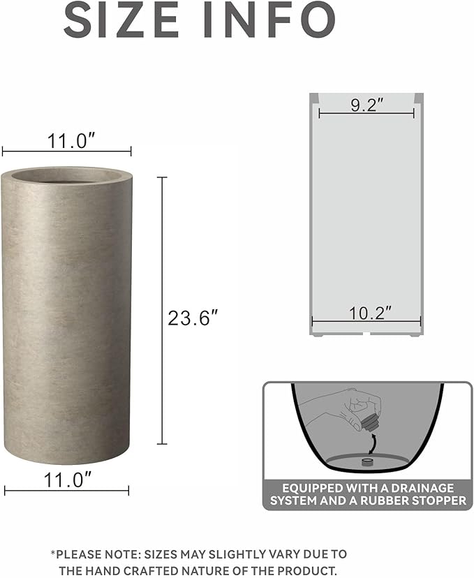 Kante 23.6 Inch Tall Cylindrical Planter, Large Round Plant Pots with Drainage Hole, Made with Concrete, Suitable for Indoor Outdoor Plants, Home Decor, Weathered Concrete Kante