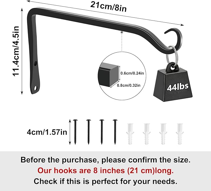 Gtongoko 2 Pack 8 Inch Metal Plant Hangers Wall Hooks for Hanging Plant Brackets, Outdoor Hooks for Hanging Bird Feeders, Flower Baskets, Lanterns, Wind Chinme, Solar Lamps Gtongoko