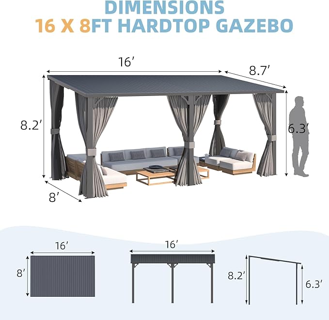 AECOJOY 16'x8' Outdoor Hardtop Metal Gazebo with Curtain and Netting for Patio, Large 8x16 Lean to Wall Mounted Pergolas and Grill Gazebos Clearance, Heavy Duty Galvanized Steel Roof Awnings for Decks AECOJOY