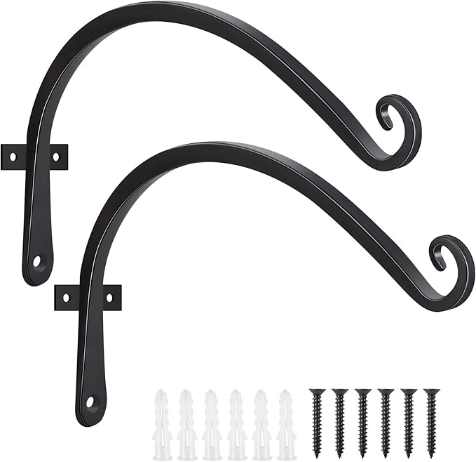 FEED GARDEN 2 Pack 12 Inch Hanging Plant Bracket Wall Hooks Decorative Plant Hangers for Outdoor Hanging Bird Feeders, Wind Chimes, Plant Baskets, Black FEEDGARDEN