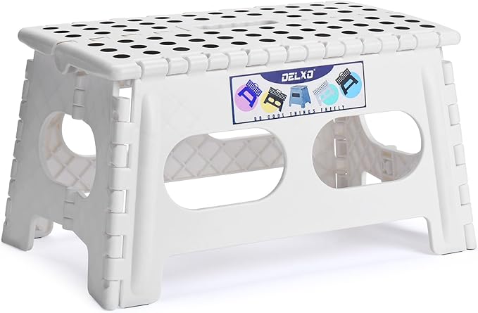 Delxo 9 Inch Folding Step Stool for Kids and Adults,15-Inch Extra Wide Height Large Platform Heavy Duty Stepping Stool More Safe and Comfortable Non Slip Foldable Step Stool White Delxo