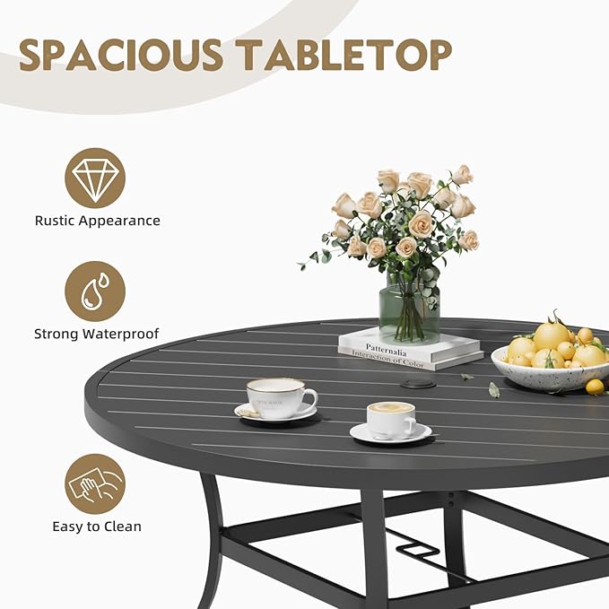 MELLCOM 53'' Round Outdoor Dining Table for 6, Metal Patio Dining Table with Umbrella Hole, All-Weather Black Table for Porch, Garden, Backyard, Poolside, Lawn MELLCOM