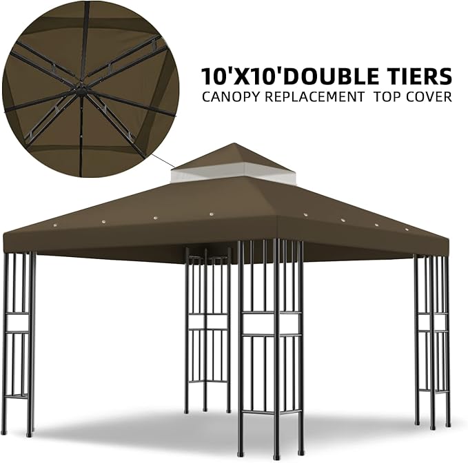 Sumfaller 10x10 FT Gazebo Replacement Canopy Top Cover Double Tiered Canopy Top Cover for Outdoor BBQ Roof Cover Grill Shelter (Dark Brown) Rootora