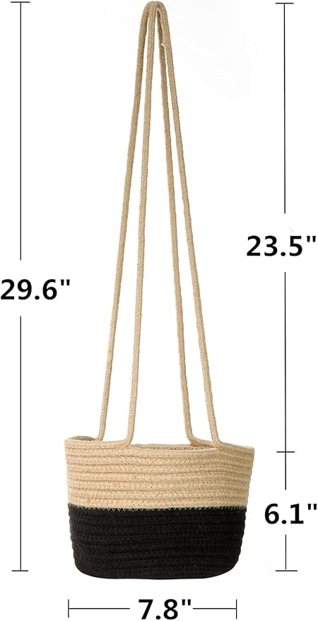 Hanging Planter Basket Jute Rope Woven Plant Hangers Indoor Hanging Plant Holder Up to 7" Pot Macrame Modern Storage Organizer Home Decor (Jute-Black) RUIZHIXUAN