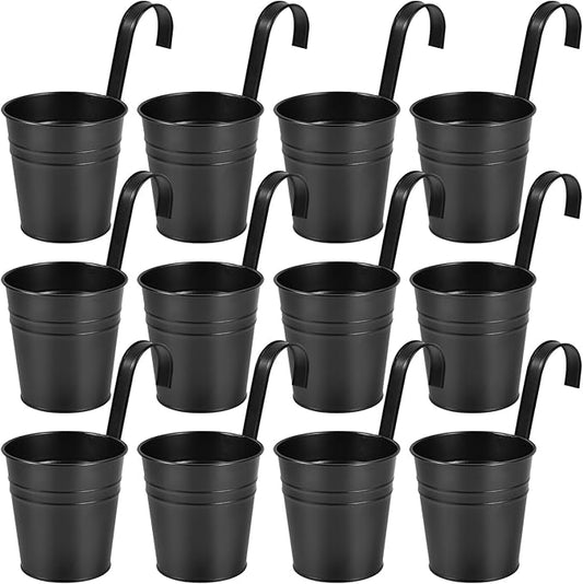 OBTANIM 12 Pack Metal Hanging Flower Pots Railing Planter Outdoor Fence Hanging Bucket Plant Holder with Detachable Hooks Drain Holes for Home Garden Yard Decor (Black, 4 x 4 Inch) OBTANIM