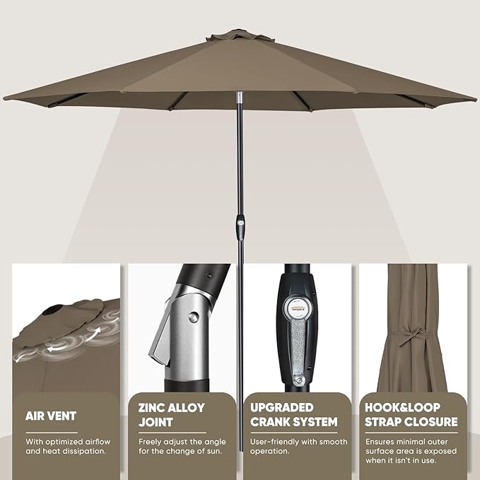 Tempera Patio Market Outdoor Table Umbrella with Auto Tilt and Crank, Large Sun Umbrella with Sturdy Pole & Fade Resistant Canopy, Easy to Set TemperaPatioLife