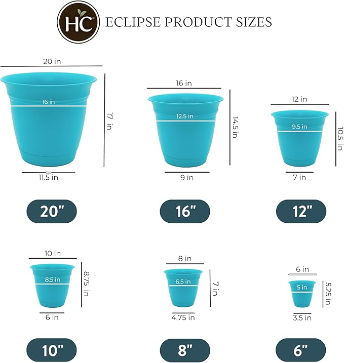 The HC Companies 8 Inch Eclipse Round Planter Pots with Drainage Holes & Attached Saucer, Lightweight UV-Resistant Plastic Indoor & Outdoor Planters, 6-Pack Flower Pots for Garden & Home Decor, Teal TheHCCompanies