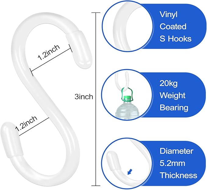 White S Hooks, 3 Inch Vinyl Coated S Hook for Hanging Plants,10 Pack Non Slip Heavy Duty Small Rubber Coated Closet S Hook for Hanging Jeans Plants Jewelry Pot Pan Cups Towels DINGEEUtilityHook