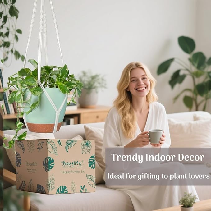 Self Watering Hanging Planters for Indoor Plants 3 Pack Macrame Plant Hangers with Drainage Holes Pots and Hooks for Home Garden Decor Green Bouqlife