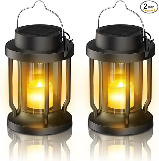 Solar Lantern Outdoor Indoor Use – Hanging Solar Lights with Realistic Flickering Flameless Candle, Weatherproof for Garden Decor, Patios, Trees, and Lawns (Black, 2 Pack) Rootora