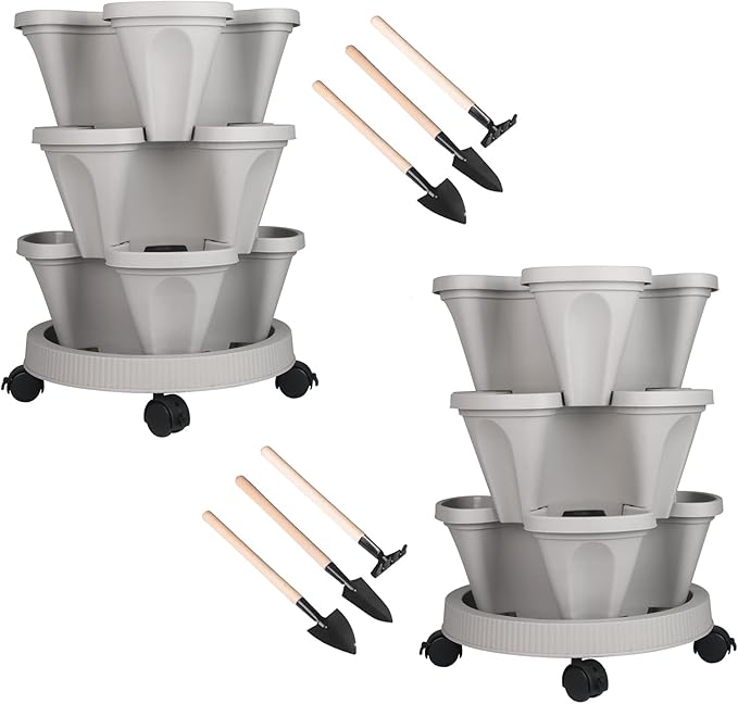 GameXcel Vertical Planter 3 Tier Stackable Planters Garden Planters Strawberry Herb Flower and Vegetable Planter Indoor Outdoor Gardening Pots with Removable Wheels and Tools 2-Pack GameXcel