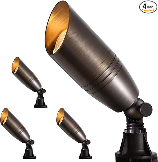 Gardencoin Solid Brass Outdoor Landscape Spotlights, 12V Heavy Duty Low Voltage LED Landscape Lights Waterproof for Garden Uplighting, Bronze Accent Lighting Fixture Without Bulb (Classic, 4 Pack) Gardencoin