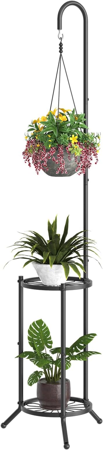 Plant Stand with Hooks Indoor Outdoor Corner Tall Plant Stand Heavy-Duty Metal 3-Tier Plant Shelf Holder Rack for Patio Garden Balcony Living Room Bedroom(semicircular Black) BMOSU