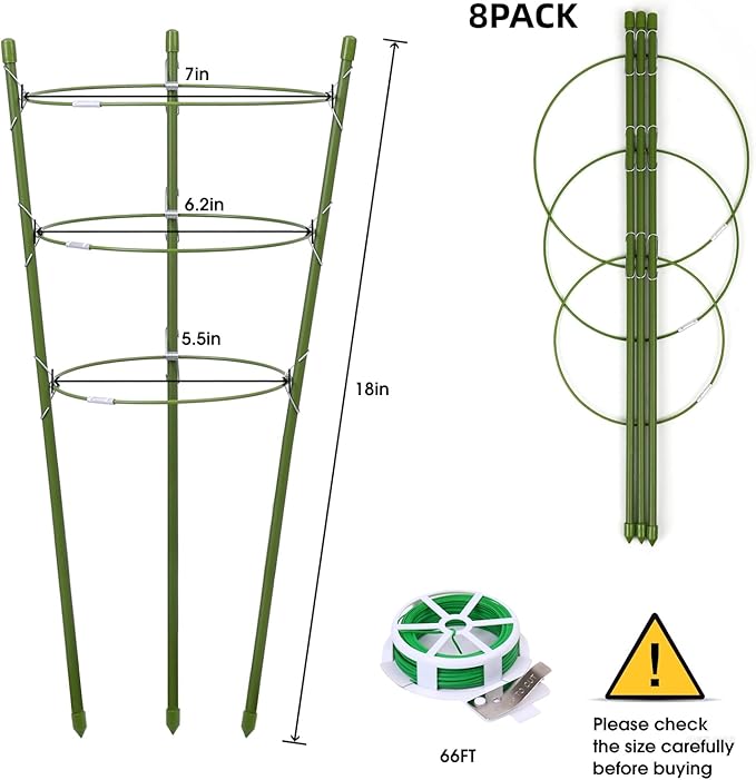 8 Pack Plant Support Tomato Cages for Garden, 18 Inches Small Tomato Cages and Supports with Adjustable Rings for Garden Pots, Plant Stakes Tomato Trellis Rings for Climbing Plants TOCCYARD