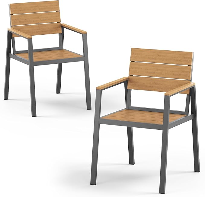 Outdoor Patio Dining Chairs Set of 2, Aluminum & HDPS All-Weather Dining Chairs for Deck, Lawn, Backyard, Pool (Gray & Teak) ComfCove