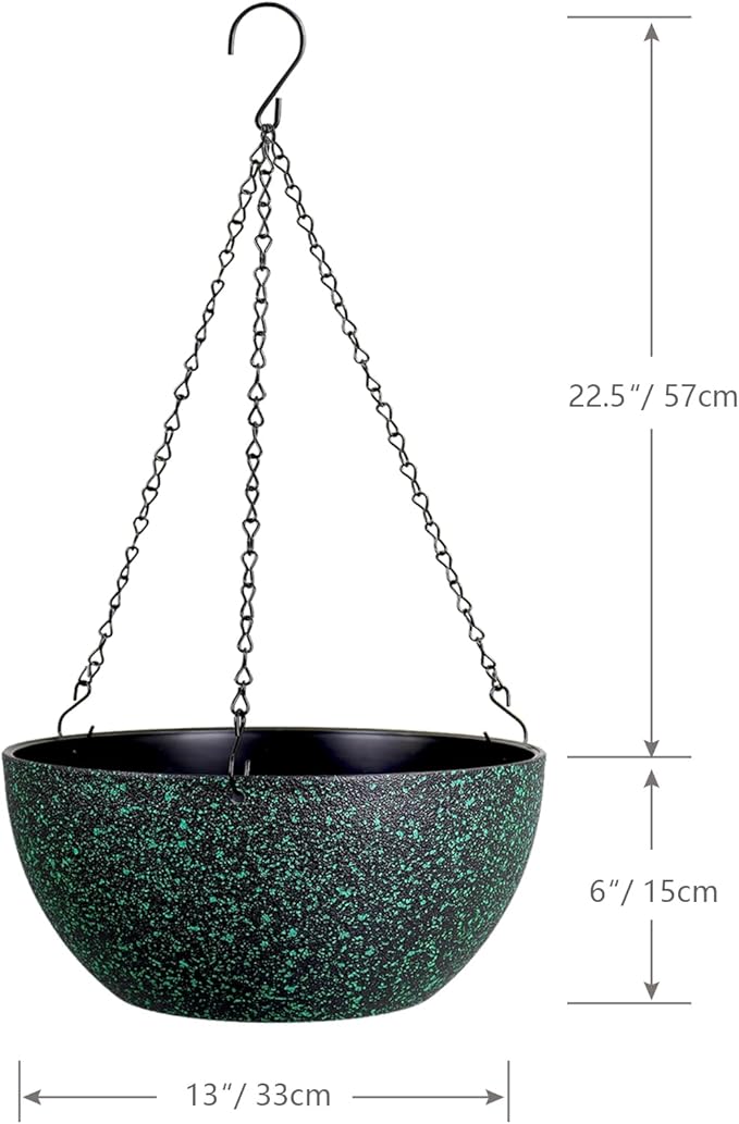 13inch Large Hanging Planters Pots for Outdoor Indoor Plants with Drainage Holes and Chain, 2pack Round Hanging Flower Pots for Garden Home Porch Decor, Black with Green Speckles WSMKSZ