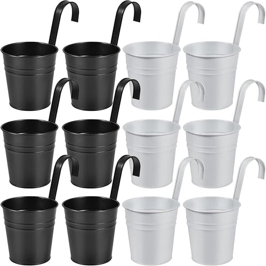 OBTANIM 12 Pack Metal Hanging Flower Pots Railing Planter Outdoor Fence Hanging Bucket Plant Holder with Detachable Hooks Drain Holes for Home Garden Yard Decor (Black and White, 4 x 4 Inch) OBTANIM