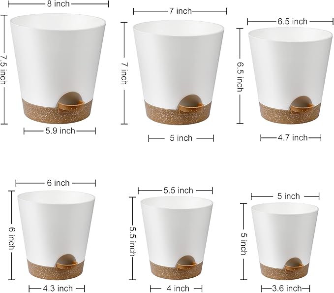Indoor Self Watering Planters with Drainage Holes and Saucers, 8, 7, 6.5, 6, 5.5, 5 Inches, White, 6 Pots AFamilyofGardenLovers