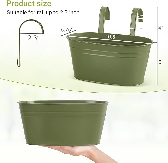 Dahey 10.5 Inch Metal Iron Hanging Flower Pots for Railing Fence Hanging Bucket Pots Countryside Style Outdoor Planter Window Flower Plant Holder with Detachable Hooks Home Decor,Green,3 Pcs Dahey