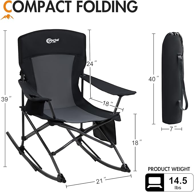 Portal Outdoor Rocking Chair Camping Folding Portable Rocker with Cup Holder Side Pocket Carry Bag, Support 350LBS (Black) PORTAL