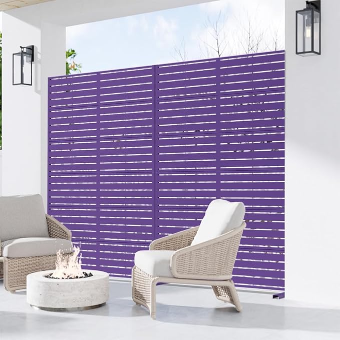 Casaphoria Metal Privacy Screen Outdoor, 72" H x 47" W Freestanding Decorative Privacy Screen for Patio Deck Balcony Garden with Stable Base, Dark Purple-Louvered Casaphoria
