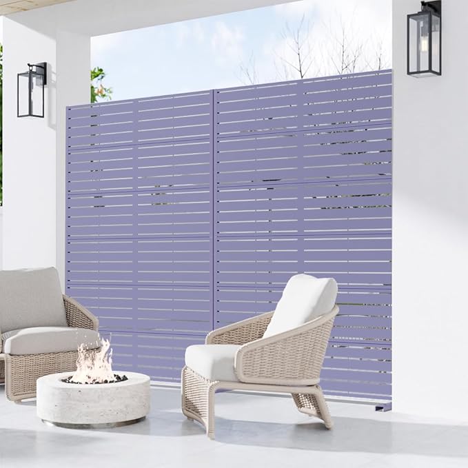 Casaphoria Metal Privacy Screen Outdoor, 72" H x 47" W Freestanding Decorative Privacy Screen for Patio Deck Balcony Garden with Stable Base, Purple-Louvered Casaphoria