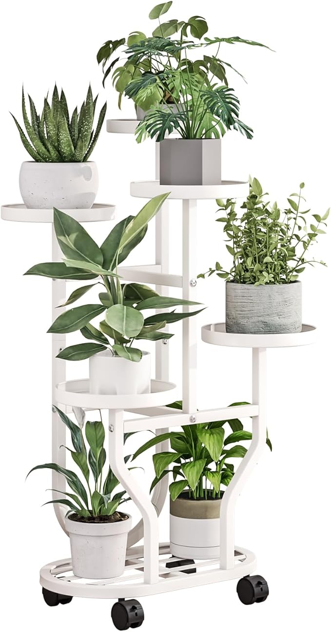 Plant Stand 5 Tier Indoor Outdoor Metal Flower Shelf with Wheels Multi Plants Holder Display Rack for Garden Patio Balcony Living Room White (White, 5 Tier) YIZAIJIA